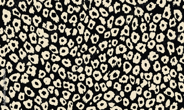 Fototapeta Leopard print pattern, seamless repeating pattern, simple vector illustration, flat color blocks, black background, cream and white tones.