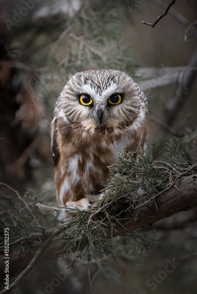 Obraz A Northern Saw-whet Owl, eyes wide and intense, sits tucked within a pine tree clutching a freshly caught mouse beneath its talons.