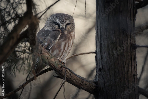 Obraz A northern saw-whet owl perched deep in the forest with the last glow of sunset in the background. 