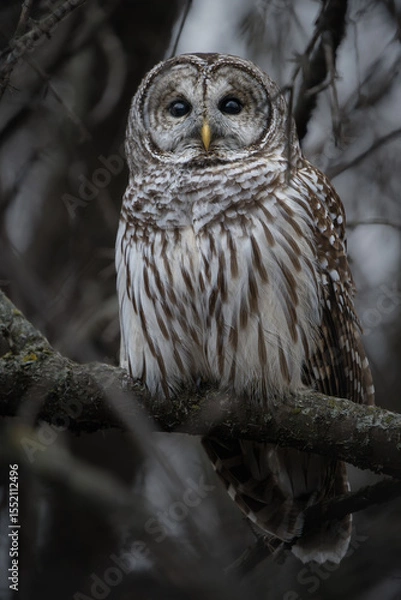 Obraz A barred owl perches silently on a mossy branch, its deep eyes scanning the forest in the muted winter light.