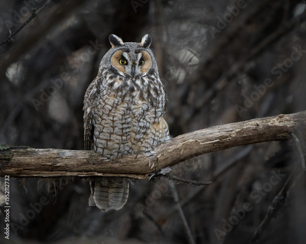 Obraz A long-eared owl (Asio otus) rests on an exposed branch, its upright posture and keen gaze highlighting its alert presence.
