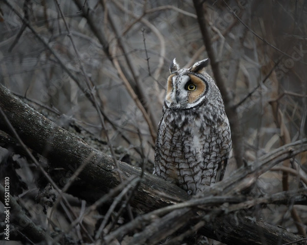 Obraz An alert long-eared owl perched in a tangle of branches in the forest. 