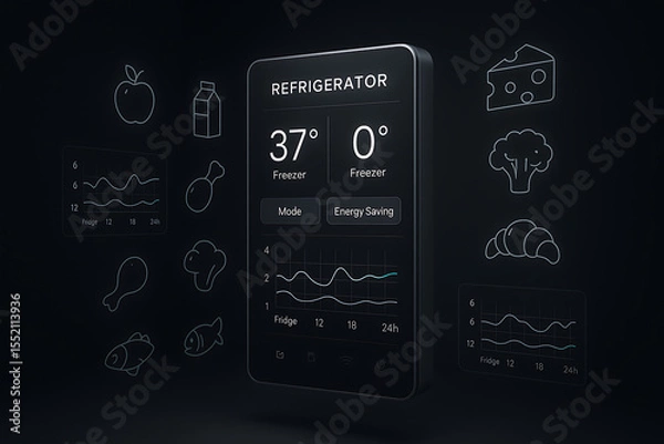 Fototapeta Futuristic smart refrigerator touchscreen interface displaying temperature energy saving mode and food icons in dark kitchen environment with minimal digital charts and modern design