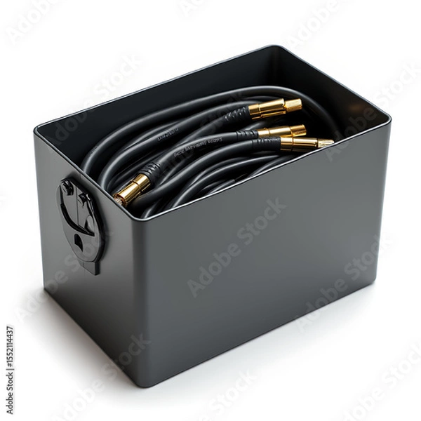 Fototapeta Cable organizer box with neatly coiled cords in modern black design  