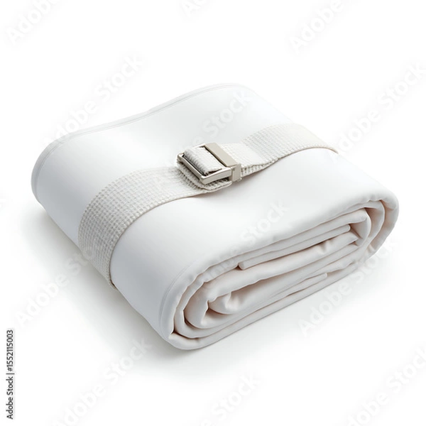 Fototapeta Folded elastic mattress strap with adjustable buckle on white background  