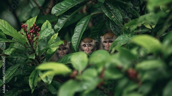 Fototapeta Monkeys observing from their hidden spot among vibrant tropical leaves in a lush green environment