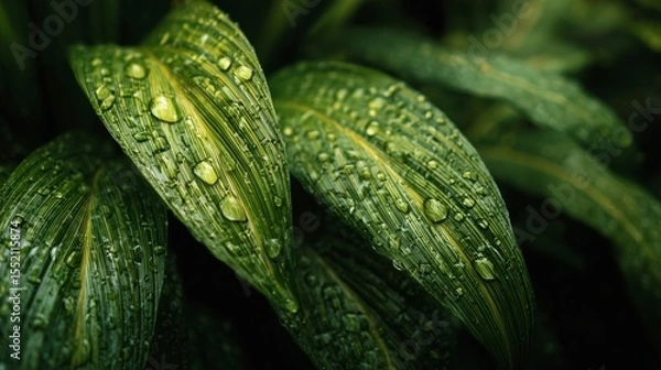 Fototapeta Close-up view of wet tropical leaves glistening with water droplets in a lush rainforest environment during a humid morning