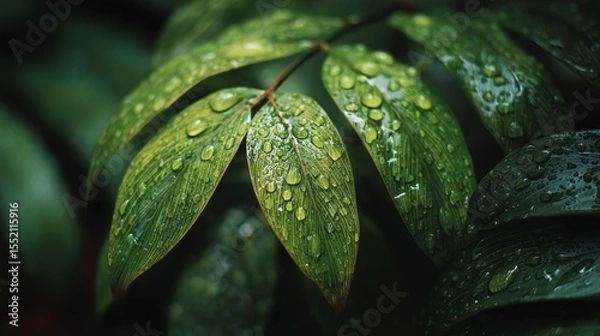 Fototapeta Wet tropical leaves enhance the beauty of a lush rainforest after a refreshing rain shower in the early morning light