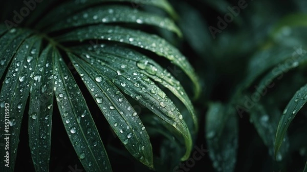 Fototapeta Close-up of wet tropical leaves glistening with water droplets in a lush rainforest environment after recent rainfall