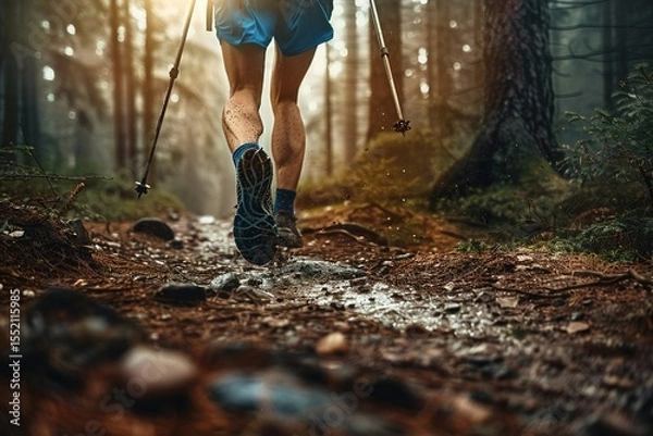 Obraz Trail runner using poles treks through a damp forest trail conquering nature's path