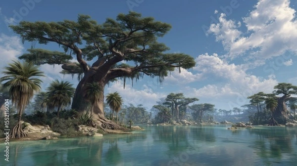 Fototapeta Baobab and palm trees rise majestically by the tranquil waters under a clear blue sky in a tropical paradise