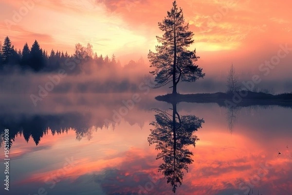 Fototapeta Tranquil lake reflecting the sky at dawn with a solitary tree and distant forest