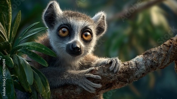 Fototapeta Lemur resting on a tropical tree branch in a lush green environment