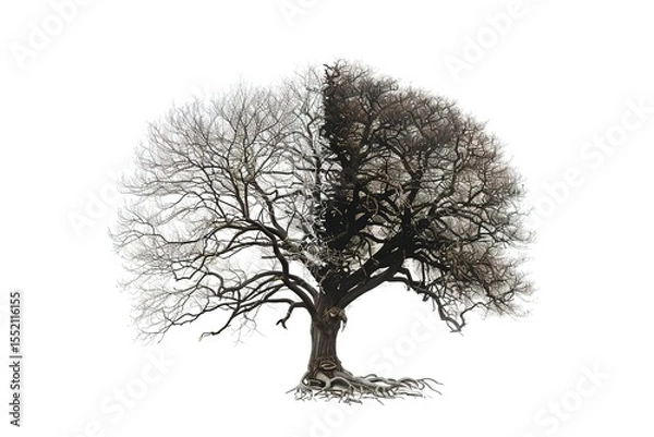 Fototapeta Tree with two distinct halves showing different stages of dormancy on white backdrop