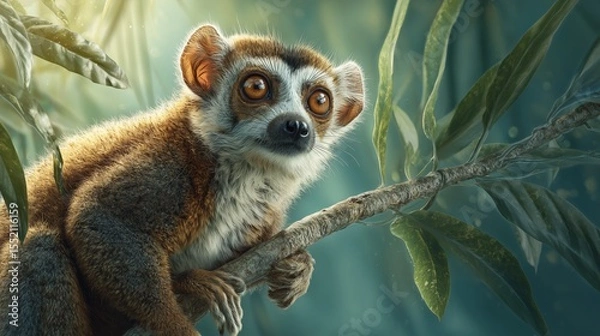 Fototapeta Lemur relaxes on a tropical tree branch in a lush forest during daylight hours, showcasing its curious expression