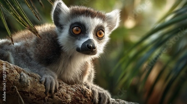 Fototapeta Lemur resting on a tropical tree, surrounded by vibrant foliage in a serene natural habitat