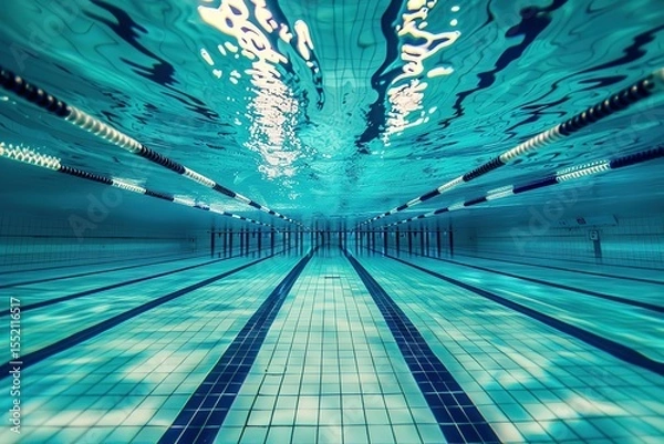 Fototapeta Underwater view of a swimming pool with lane markers showing depth and blue water