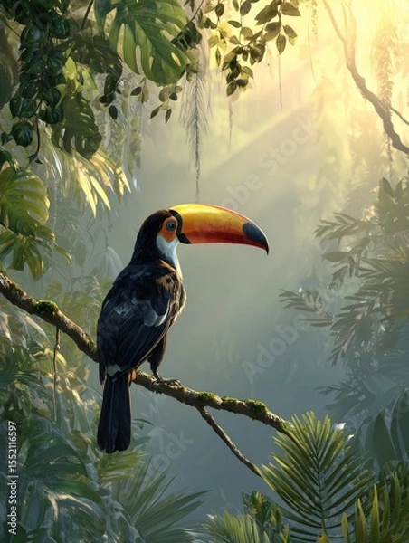 Fototapeta Tropical rainforest habitat featuring a toucan perched on a branch during golden hour