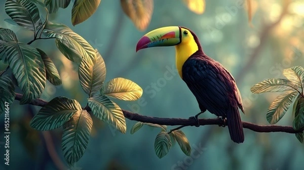 Fototapeta Vibrant toucan perched on a branch in a lush tropical rainforest at dawn