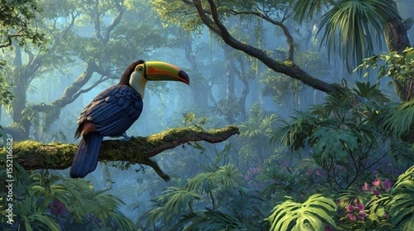 Fototapeta Vibrant toucan perched on a branch in a lush tropical rainforest during bright daylight hours