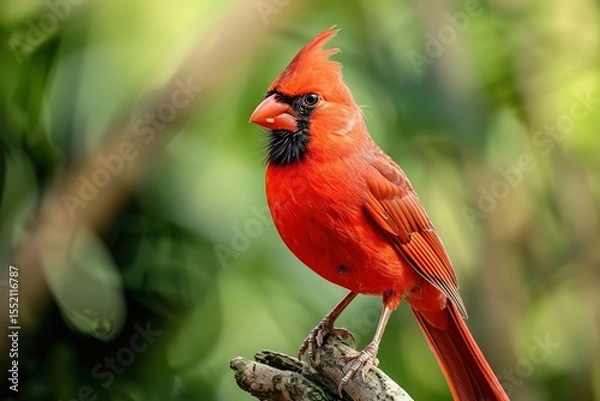 Fototapeta Vibrant red cardinal perched on a branch in a lush green blurred background