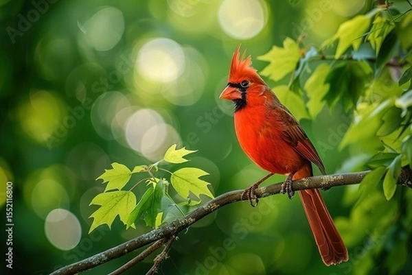 Fototapeta Vibrant red cardinal perched on a branch with lush green leaves in soft light