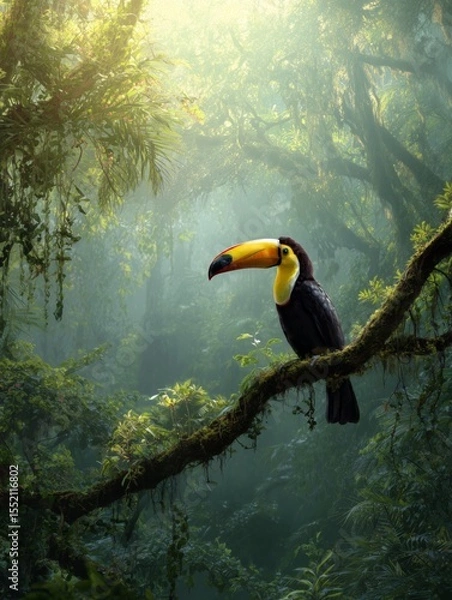 Fototapeta Vibrant toucan perched on a mossy branch in a lush tropical rainforest at dawn