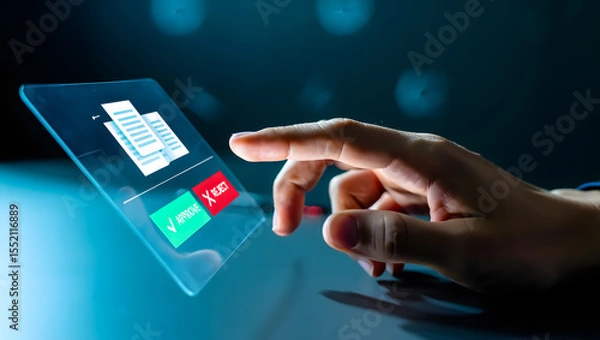 Fototapeta Hand Approving or Rejecting Digital Documents on Futuristic Tablet Interface