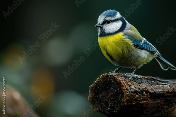 Fototapeta Vibrant songbird perched on a weathered log showcasing its bright plumage