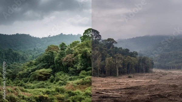 Fototapeta Contrast between lush jungle and deforested land in an untouched ecosystem