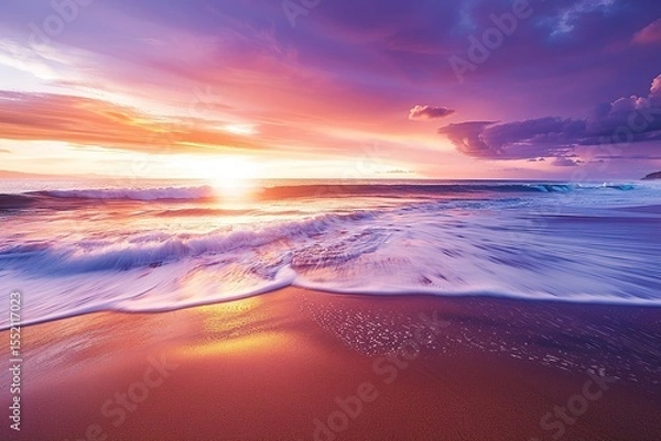 Obraz Vibrant sunset over the ocean with colorful skies reflecting on the sandy beach