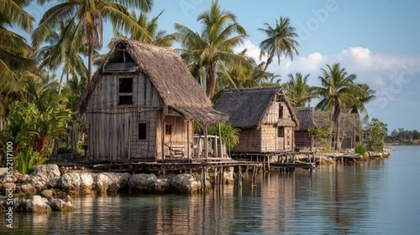 Fototapeta Wooden stilt houses in a tranquil village surrounded by palm trees on a calm day by the water