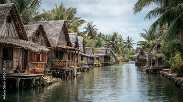 Fototapeta Exploring a tranquil village featuring wooden stilt houses along a serene waterway surrounded by lush palm trees
