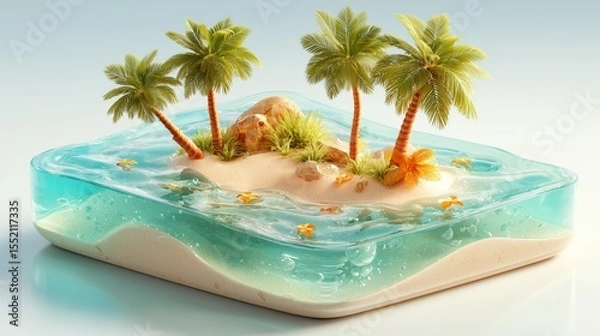 Fototapeta Tropical island paradise featuring palm trees surrounded by clear turquoise waters and sandy beach