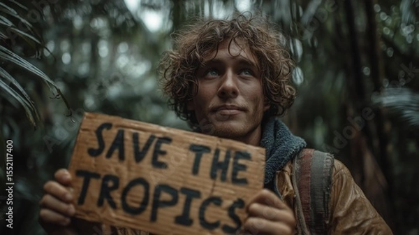 Fototapeta Activist holds a sign urging for tropical rainforest protection in a dense jungle setting