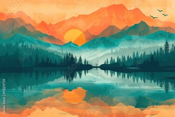 Obraz Watercolor mountains and forest landscape reflecting in lake at sunset Minimalist design