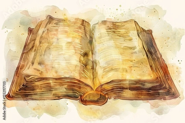 Obraz Watercolor painting of an open book with aged and textured pages and earthy tones