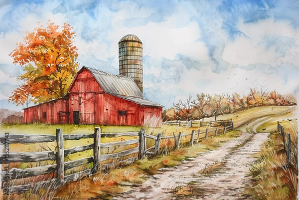 Obraz Watercolor painting of a red barn and silo in autumn landscape with dirt road