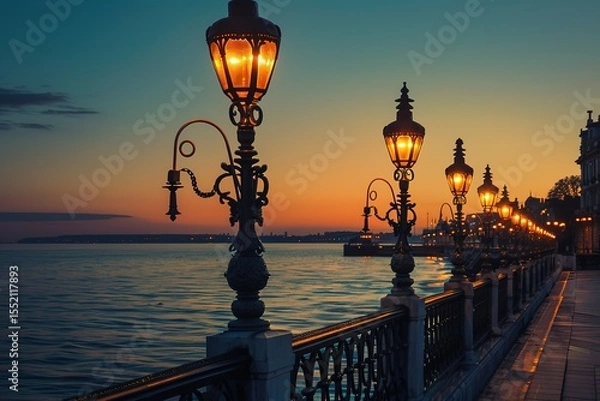 Obraz Waterfront Path: Illuminated vintage lampposts glow along ocean promenade at sunset