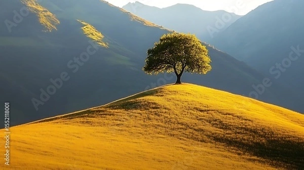 Fototapeta Single Tree on a Golden Hillside Against Mountain Background.