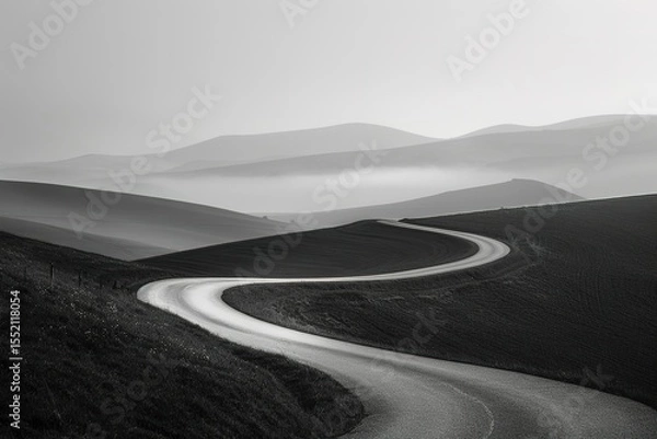 Fototapeta Winding road through rolling hills and valleys fading into the misty distance