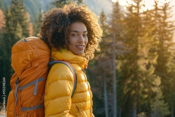 Obraz Woman hiking with a backpack in the mountains on a bright sunny day Adventure awaits