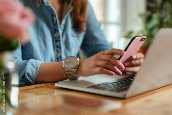 Fototapeta Woman working on laptop and checking smartphone at table with flowers in background