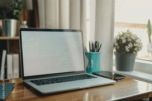 Obraz Workstation setup: Laptop on desk with plants pens and phone near a bright window