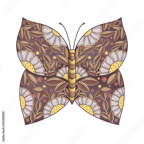 Obraz Butterfly with patterns and flowers. 
Vintage floral illustration with flowers. Print for notebooks, clothes, logo, art, garden 