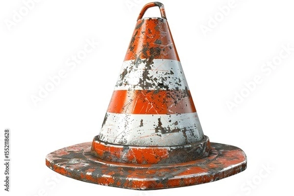 Obraz Worn orange and white traffic cone with signs of wear and tear on a white background