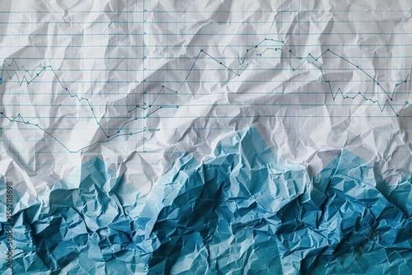 Fototapeta Wrinkled graph paper shows fluctuating lines with blue texture at the bottom