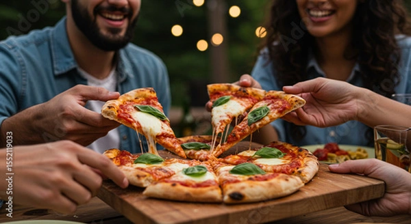 Fototapeta Friends serving themselves slices of grilled pizza from a wooden board at a backyard