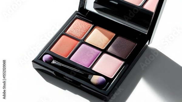 Fototapeta Open Eyeshadow Palette with Swipe Brush and Mirror on White Background.