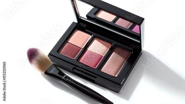 Fototapeta Open Eyeshadow Palette with Swipe Brush and Mirror on White Background.
